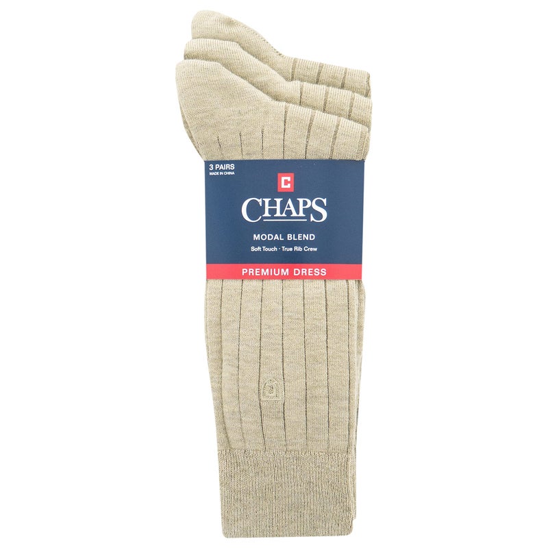 Chaps Mens Dress Crew - 3 Pair Pack Soft True Rib With Embroidery Casual Sock, Khaki, 6-12 US - Image 2